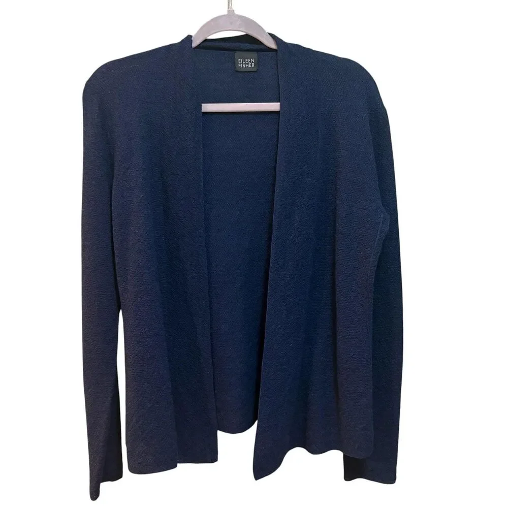 Eileen Fisher Cardigan Sweater Womens Medium Blue Wool Open Front Knit Pockets